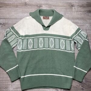 Claude Brentwood Sweater Men M Green Cream Geometric Knit Shawl Vintage USA Made